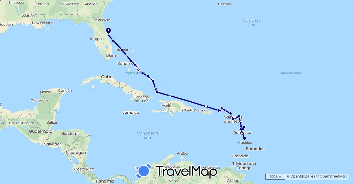 TravelMap itinerary: driving in Antigua and Barbuda, Bahamas, France, Saint Kitts and Nevis, Netherlands, United States, British Virgin Islands (Europe, North America)